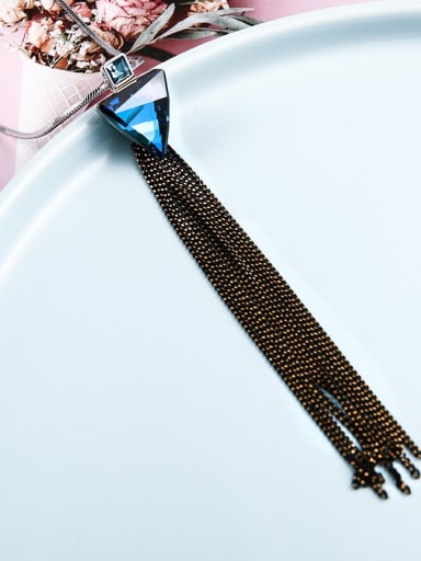 Brass Swarovski Crystal Blue Triangle Minimalist Long Strand Necklace