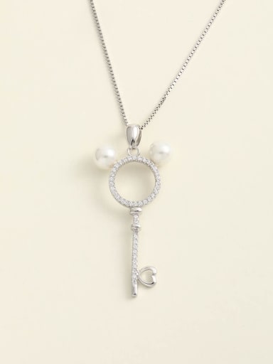 925 Sterling Silver Imitation Pearl White Key Minimalist Long Strand Necklace