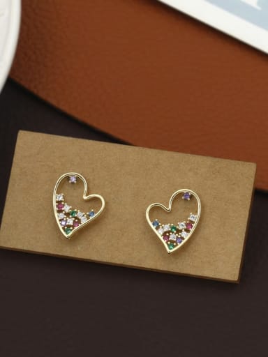 Gold Brass Rhinestone Multi Color Heart Minimalist Stud Earring