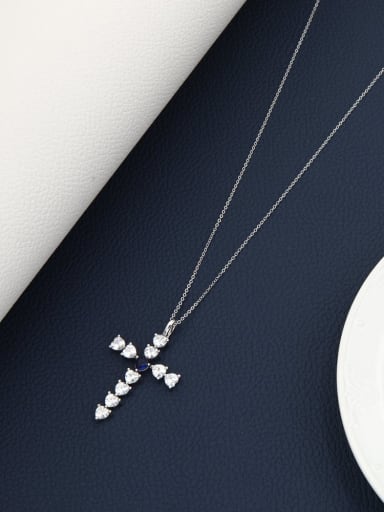 White Gold Blue Diamond Brass Cubic Zirconia White Cross Minimalist Regligious Necklace