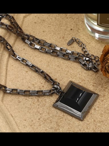 Brass Glass Stone Black Geometric Minimalist Long Strand Necklace