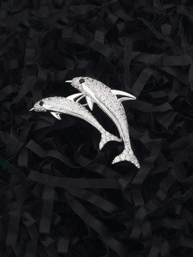 Brass Cubic Zirconia White Dolphin Classic Brooch
