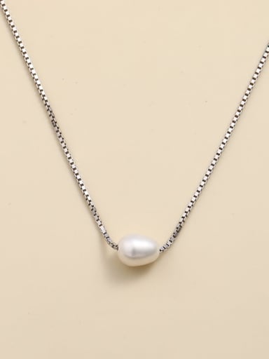 925 Sterling Silver Imitation Pearl White Oval Minimalist Link Necklace