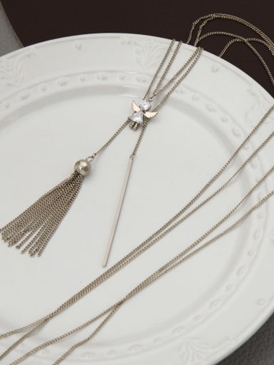 Brass Rhinestone White Angel Minimalist Long Strand Necklace