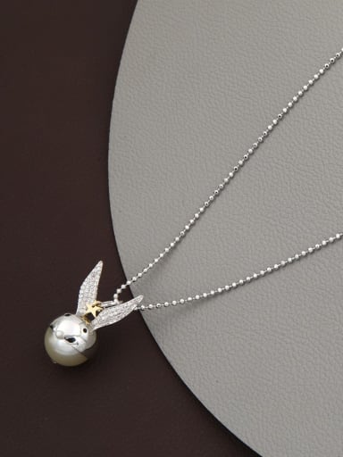 Brass Imitation Pearl White Rabbit Minimalist Long Strand Necklace