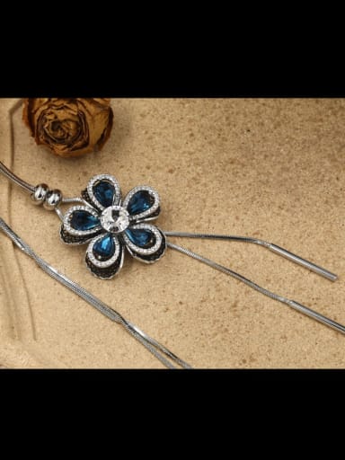 Brass Cubic Zirconia Blue Flower Minimalist Long Strand Necklace