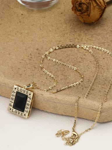 Gold Brass Glass Stone Black Rectangle Minimalist Long Strand Necklace