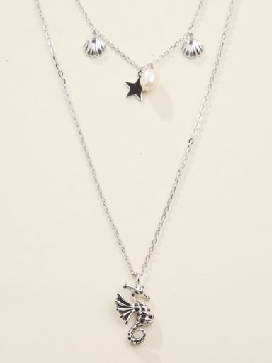 White 925 Sterling Silver Imitation Pearl White Seahorse Minimalist Multi Strand Necklace