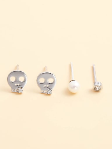 925 Sterling Silver Imitation Pearl White Skull Statement Stud Earring