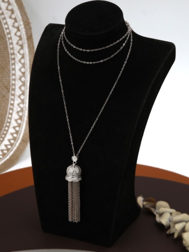 Brass Rhinestone White Tassel Minimalist Long Strand Necklace