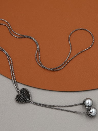 Brass Rhinestone Black Heart Minimalist Long Strand Necklace