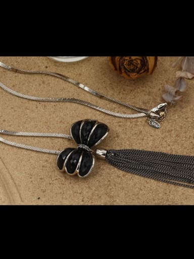Brass Glass Stone Black Tassel Minimalist Long Strand Necklace