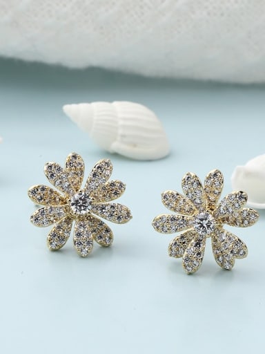 Brass Rhinestone White Flower Minimalist Stud Earring