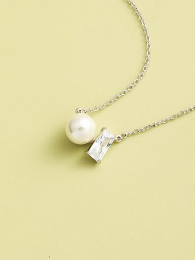 925 Sterling Silver Imitation Pearl White Rectangle Minimalist Long Strand Necklace