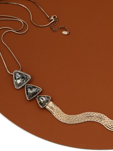 Brass Rhinestone Brown Tassel Minimalist Long Strand Necklace