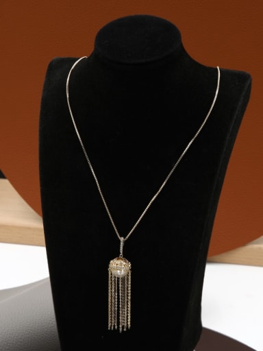 Brass Imitation Pearl White Tassel Minimalist Long Strand Necklace