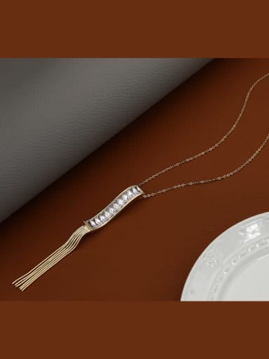 Gold Brass Cubic Zirconia White Tassel Minimalist Long Strand Necklace