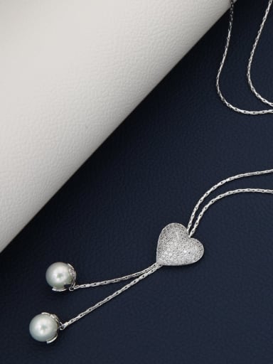 Brass Rhinestone White Heart Minimalist Long Strand Necklace