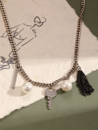 Brass Imitation Pearl White Key Dainty Long Strand Necklace