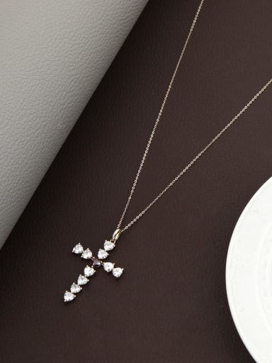 Brass Cubic Zirconia White Cross Classic Regligious Necklace