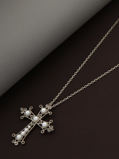 Brass Imitation Pearl White Cross Minimalist Long Strand Necklace