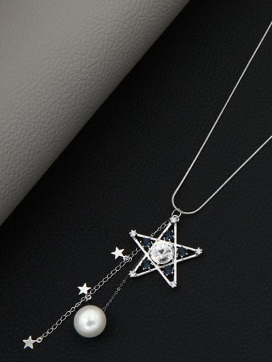 Brass Imitation Pearl White Star Minimalist Long Strand Necklace