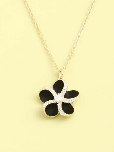 Golden black paint 925 Sterling Silver Cubic Zirconia White Enamel Flower Minimalist Necklace
