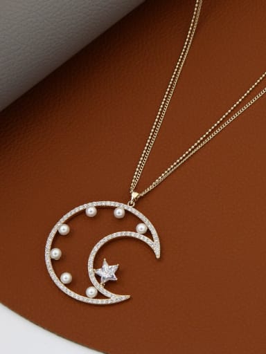 Brass Cubic Zirconia White Moon Minimalist Long Strand Necklace