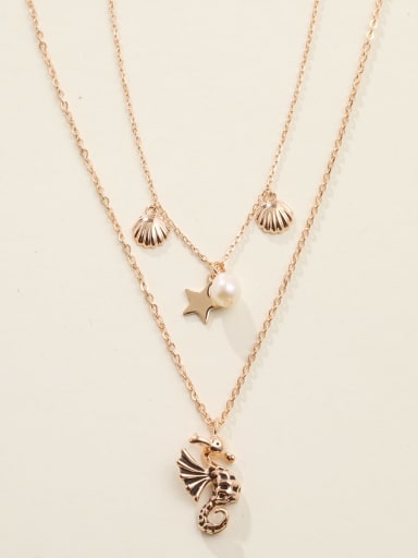 925 Sterling Silver Imitation Pearl White Seahorse Minimalist Multi Strand Necklace