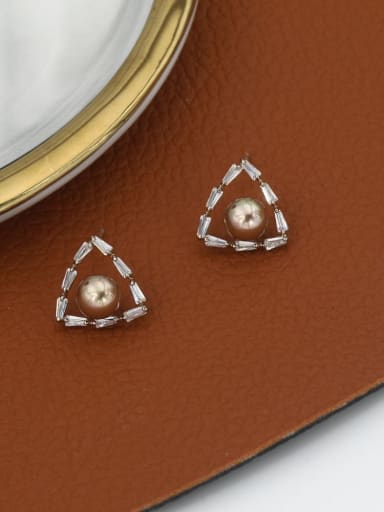 Brass Imitation Pearl Brown Triangle Minimalist Stud Earring