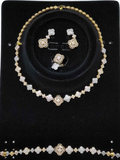 Classic Flower Copper Cubic Zirconia White Ring Earring Bangle And Necklace Set