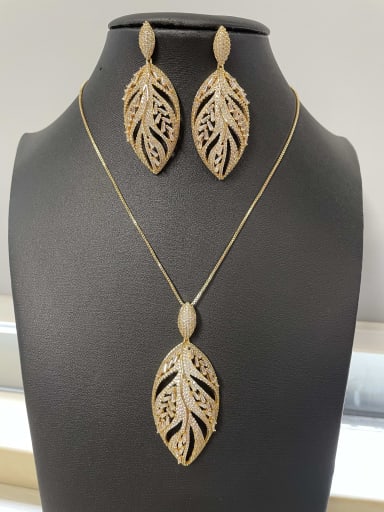 Classic Leaf Copper Cubic Zirconia White Earring and Necklace Set