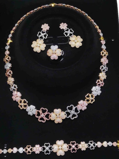 custom Classic Flower Copper Cubic Zirconia White Ring Earring Bangle And Necklace Set