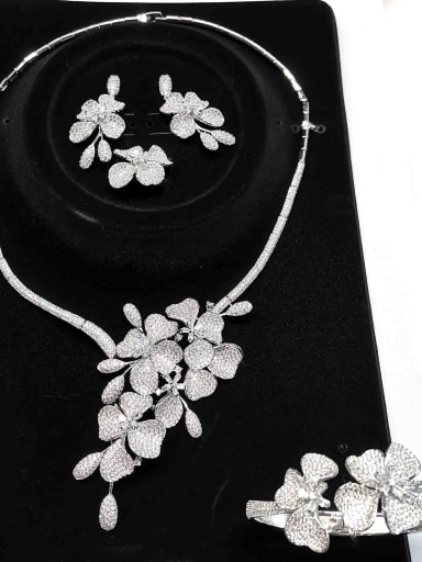 Dainty Flower Copper Cubic Zirconia White Ring Earring Bangle And Necklace Set