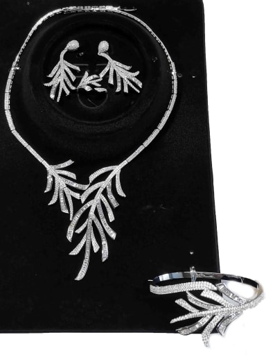 Dainty Leaf Copper Cubic Zirconia White Ring Earring Bangle And Necklace Set