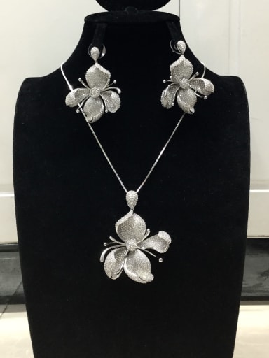 custom Statement Flower Copper Cubic Zirconia White Earring and Necklace Set