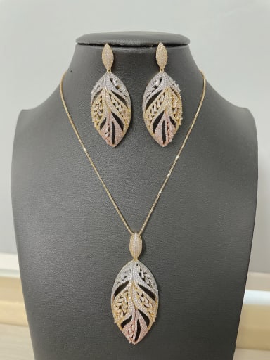 Classic Leaf Copper Cubic Zirconia White Earring and Necklace Set