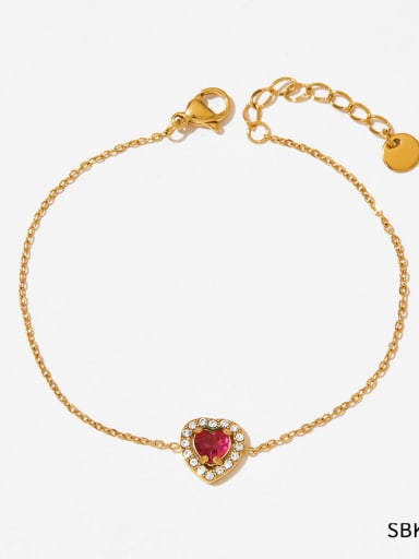 SBK147 Gold Bracelet Red Stainless steel Glass Stone Heart Minimalist Link Bracelet
