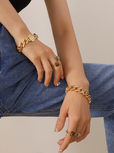 E322 gold bracelet 20cm Titanium Steel Cubic Zirconia Geometric  Chain Vintage Link Bracelet