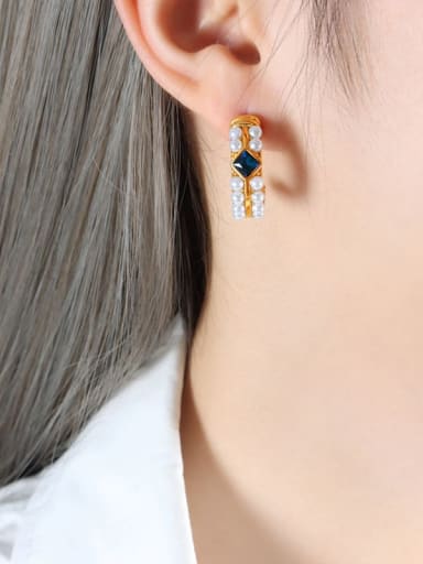 F774 Gold Earrings Titanium Steel Imitation Pearl Geometric Trend Hoop Earring