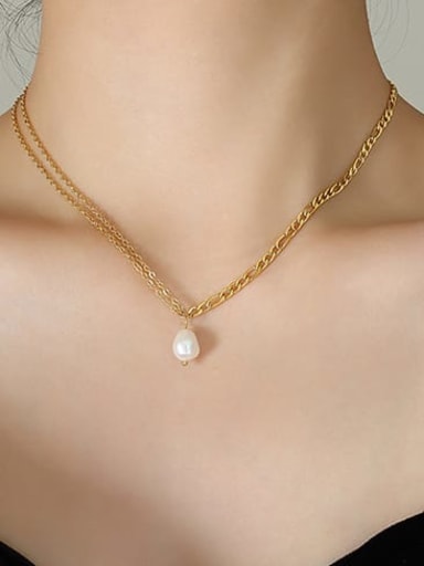 Gold necklace 40+ 5cm Titanium Steel Freshwater Pearl Geometric Hip Hop Multi Strand Necklace