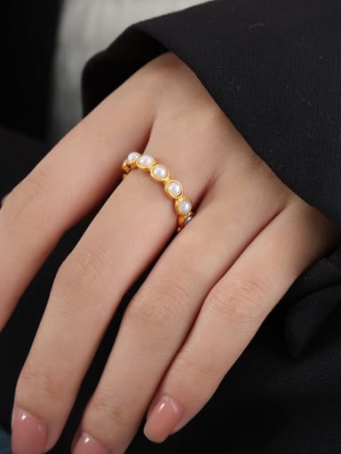 A523 Gold White Bead Ring Titanium Steel Imitation Pearl Geometric Minimalist Band Ring