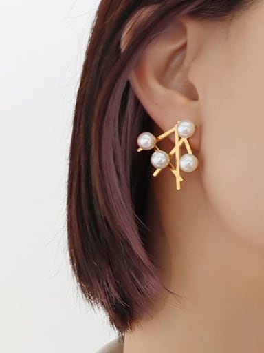 F525 pair of gold earrings Titanium Steel Imitation Pearl Irregular Minimalist Stud Earring