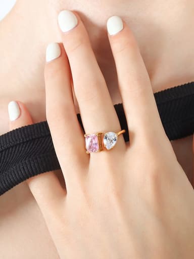 A491 Gold Pink Crystal Zirconia Ring Titanium Steel Cubic Zirconia Geometric Dainty Band Ring