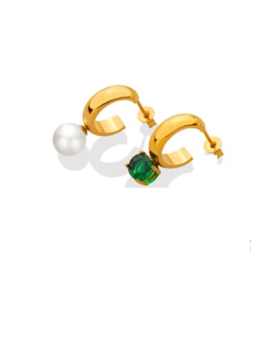 F637 gold+ green Titanium Steel Imitation Pearl Geometric Vintage Stud Earring