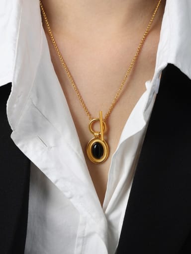 P1889 Golden Necklace 45cm Titanium Steel Obsidian  Vintage Geometric  Ring and Necklace Set