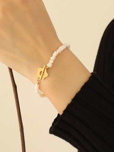 E158 gold bracelet 17cm Titanium Steel Imitation Pearl  Minimalist Flower Bracelet and Necklace Set