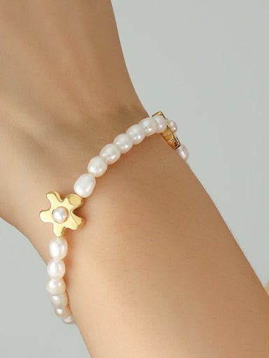E388 Gold Bracelet 17+ 5cm Titanium Steel Freshwater Pearl Minimalist Flower  Bracelet and Necklace Set