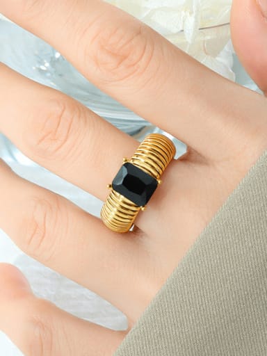 A435 Black Glass Stone Gold Ring Titanium Steel Glass Stone Geometric Minimalist Band Ring