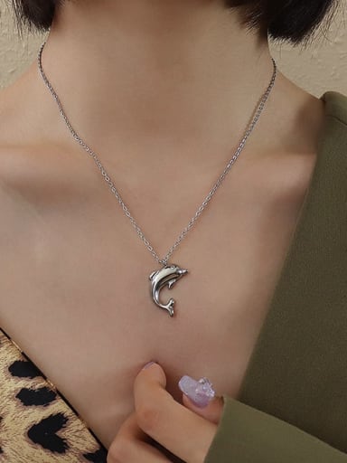 Titanium 316L Stainless Steel Smooth Dolphin Minimalist  Pendant Necklace with e-coated waterproof